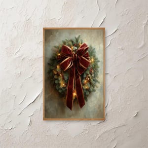 Elegant Christmas Wreath Wall Art, Print with Red Velvet, Bow and Lights Holiday, Vintage Decor Poster for Cozy, Winter Home Styling