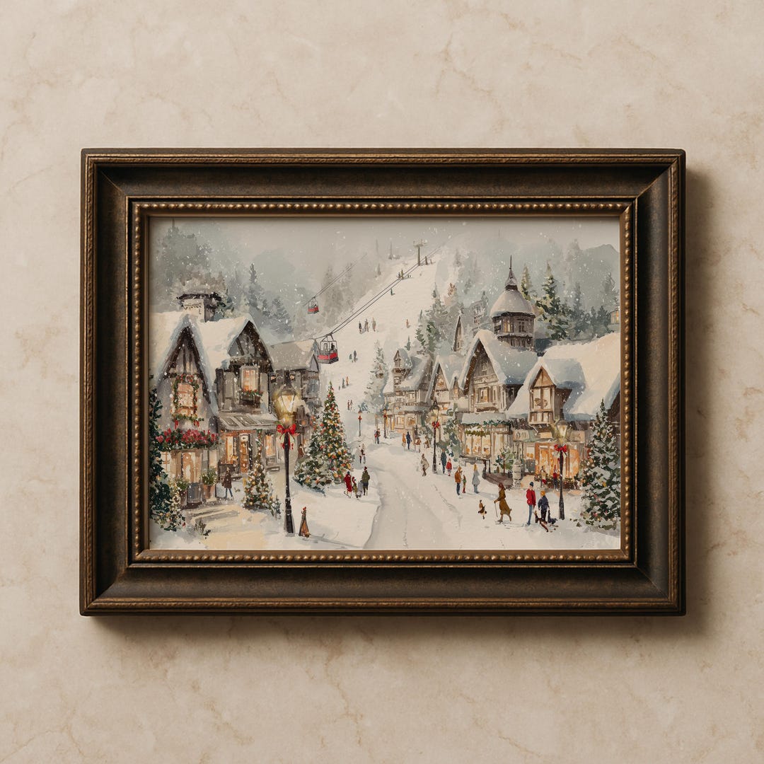Vintage Winter Village Print, Ski Resort Wall Art With Cable Cars ...