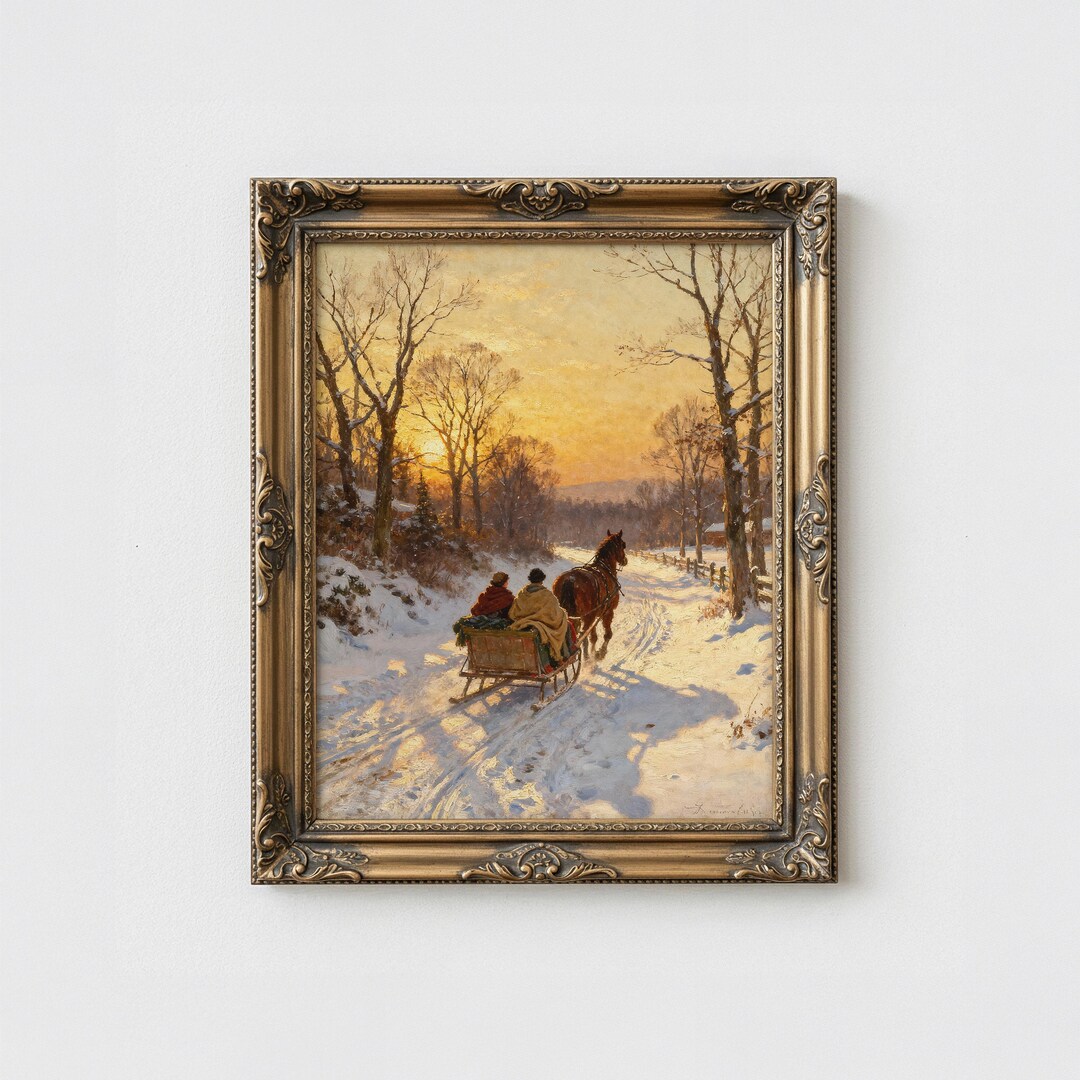 Rustic Sleigh Rides Handmade Winter Sleigh Ride Painting, Rustic Sunset Landscape Art Print ...
