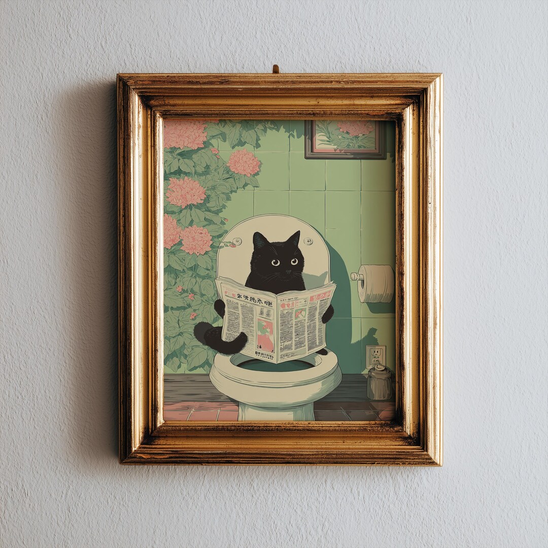 Funny Black Cat on Toilet Wall Art | Whimsical Bathroom Wall Decor ...