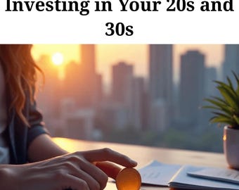 May include: Image of a gold coin being held over a tablet, with the text "Smart Money Moves: A Beginner's Guide to Investing in Your 20s and 30s." The background shows a cityscape and a potted plant.