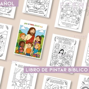 Peut inclure: Ensemble de pages de coloriage avec des illustrations sur le thème de la Bible. Les pages présentent des images de Jésus avec des enfants, des personnages bibliques comme Ruth et des scènes comme la Nativité. Le texte "LIBRO DE PINTAR BÍBLICO VOL.1" est visible.
