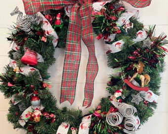 Handmade One-Of-A-Kind Christmas Wreath with Nostalgic Vintage Christmas Ornaments and Battery Powered Christmas Lights