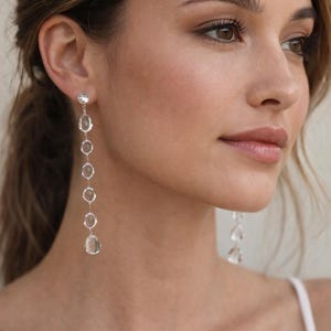 Clear Crystal Teardrop Dangle Earrings – Long Silver Bridal Statement Jewelry