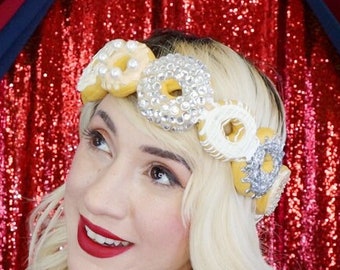 Bridal (Bachelorette) DONUT CROWN | White and Beige Wedding Shower Bride Headband | Funny Bling Fake-Diamond Crystal Flower Donut Tiara