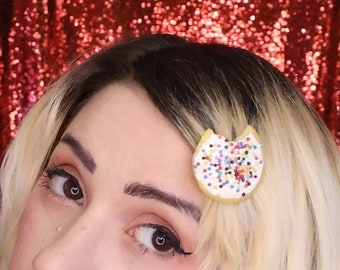 White Sugar Cookie HAIR CLIP | Pink Sprinkle Doughnut Fake Food Hair Accessory | Cute Novelty Pinup Hair Pin