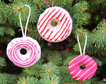 Peppermint MINI-DONUT ORNAMENTS [Set of 3] | Candy Cane Felt Donut Christmas Tree Decoration