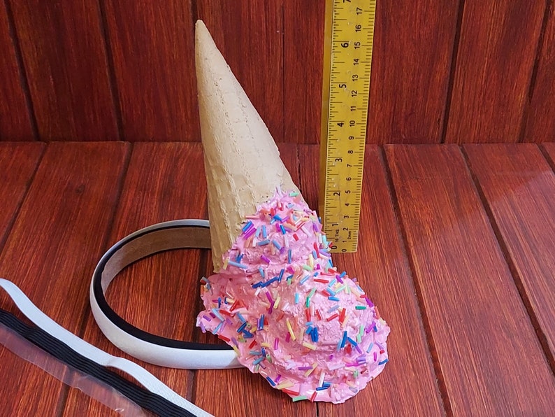 Pink Sprinkle Upside-down Ice Cream Cone Headband Realistic Fake Food Squishy Foam Birthday Icecream Diner Artificial Food image 2