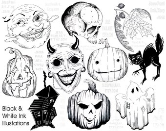 Black & White Halloween Characters DIGITAL PRINT PDF | Inked Style Home-Printer Party Garland, Retro Decorations, Spooky Printable Art