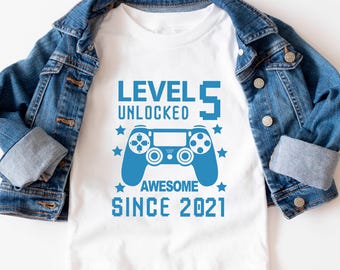 Level Unlocked Birthday Shirt, Gamer Boy Gift Video Game Party Tee, Custom Age 5 6 7 8 9 10 11 12 Birthday Tee, Kids Gaming Shirt Level Up