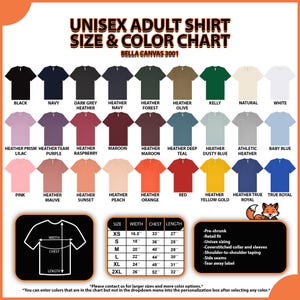 May include: A chart displaying a variety of unisex adult shirt colors and sizes. The Bella Canvas 3001 shirts are available in colors like black, navy, and heather gray. Size chart includes XS to 2XL with measurements in inches.