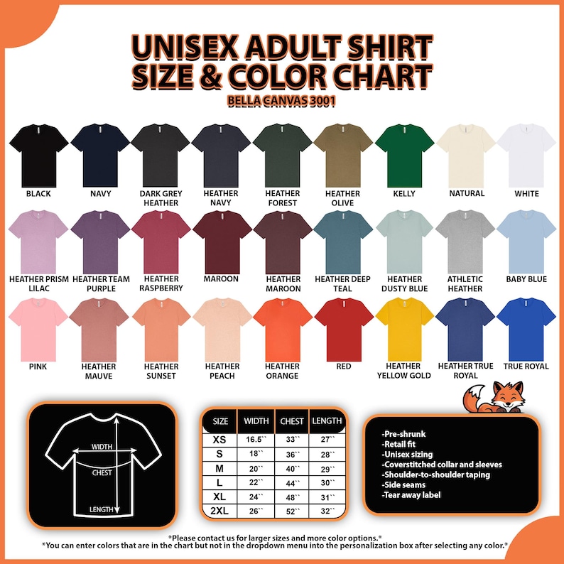 May include: A chart displaying a variety of unisex adult shirt colors and sizes. The Bella Canvas 3001 shirts are available in colors like black, navy, and heather gray. Size chart includes XS to 2XL with measurements in inches.