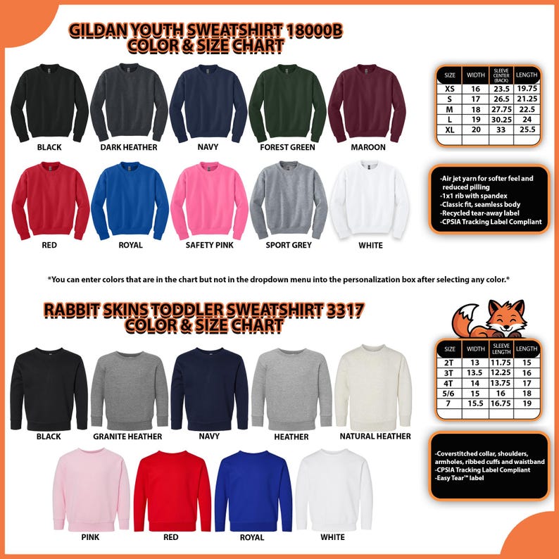 May include: Color and size chart for Gildan youth and Rabbit Skins toddler sweatshirts. The Gildan chart includes colors like black, navy, and red. The Rabbit Skins chart includes black, navy, and heather. Features include a classic fit and a recycled tear-away label.