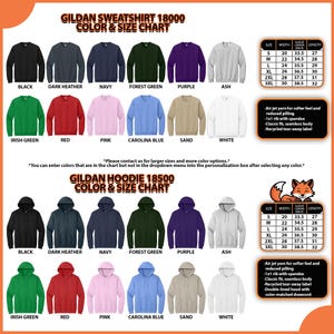 May include: Color and size chart for Gildan Sweatshirt 18000 and Hoodie 18500. The chart displays various colors, including black, navy, and red, with size measurements in inches. Features include air jet yarn for a softer feel and reduced pilling.