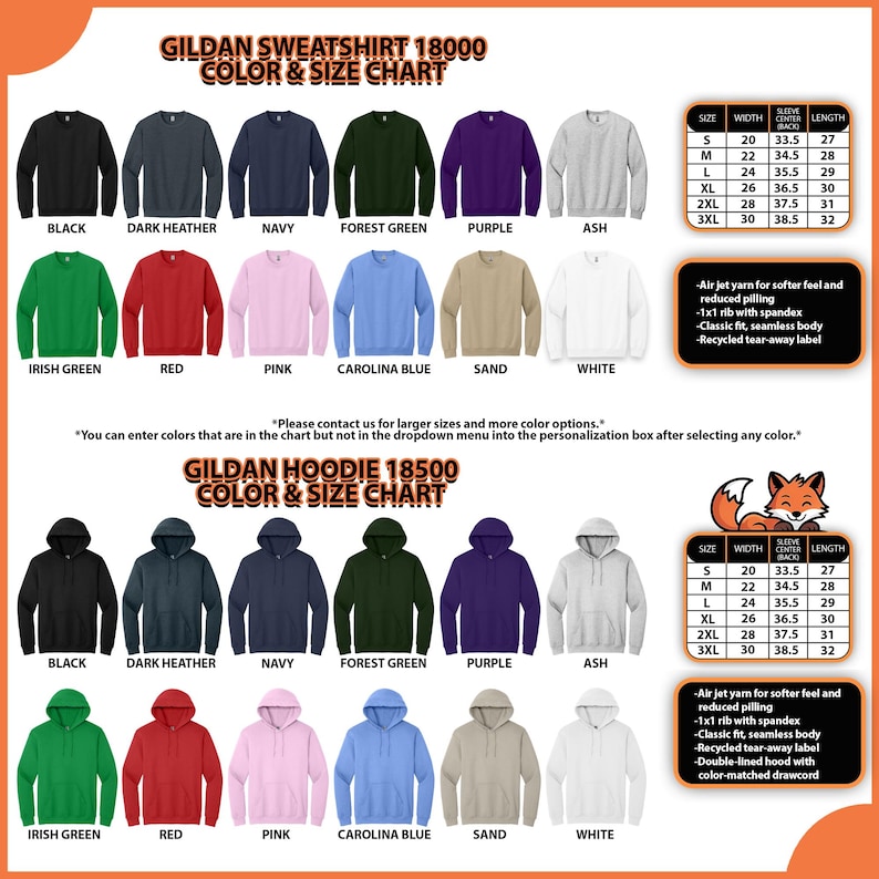 May include: Color and size chart for Gildan Sweatshirt 18000 and Hoodie 18500. The chart displays various colors, including black, navy, and red, with size measurements in inches. Features include air jet yarn for a softer feel and reduced pilling.