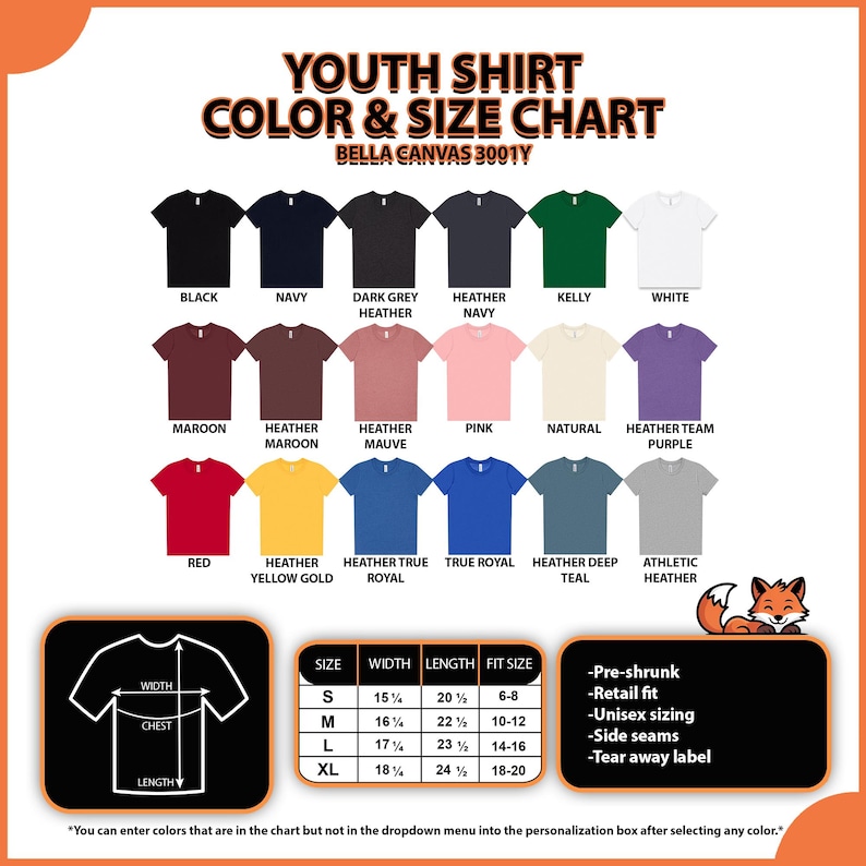 May include: A color and size chart for youth shirts, featuring various colors like black, navy, and red. The chart includes size measurements in inches and details like pre-shrunk fabric and unisex sizing. The text reads "YOUTH SHIRT COLOR & SIZE CHART".