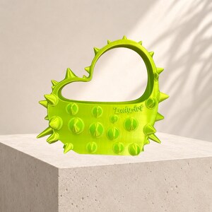 Acid Heart | Acid Green 3D Printed Heart Bag | Punk Stud Purse | PLA Handbag | Wearable Art | Pop Art Statement Bag | Gift for Her
