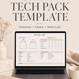 May include: A laptop displays a "SKIRT TECH PACK TEMPLATE" with a skirt technical sketch and measurement chart. The text reads "Professional, Editable, Ready to use." A notebook, pen, and cup are on the desk. The Fashion Toolkit logo is at the top.