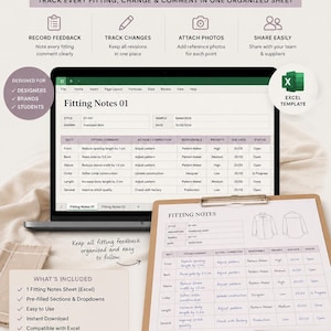 Può includere: Un modello Excel per note di prova visualizzato su uno schermo di un computer portatile e su una cartellina. Il documento presenta colonne per commenti, azioni, responsabili, priorità, date di scadenza e stato dei progetti di moda.