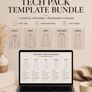 May include: A laptop displays a "COMPLETE TECH PACK TEMPLATE BUNDLE" with fashion design sketches for jackets, shirts, skirts, trousers, and dresses. The image includes text: "5 essential categories. 1 professional standard."