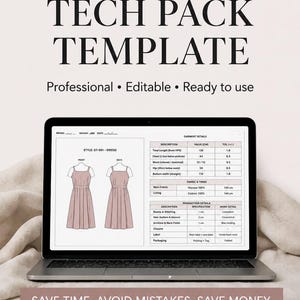 Peut inclure: Un ordinateur portable affiche un modèle de fiche technique de robe avec des détails de vêtement, y compris des mesures en centimètres. L'écran montre un design de robe rose. Le texte en haut indique "DRESS TECH PACK TEMPLATE". Le texte en bas dit "SAVE TIME. AVOID MISTAKES. SAVE MONEY."