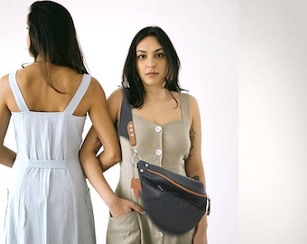 Large Leather Sling Bag: Two-Tone  Crossbody Purse, Black & Caramel