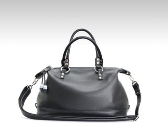Black Leather Shoulder Bag: Women's Top Handles Handbag, Large Purse
