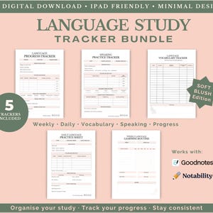 Puede incluir: Un paquete de descarga digital de rastreadores de estudio de idiomas. La imagen muestra cinco rastreadores imprimibles para semanal, diario, vocabulario, conversación y progreso. Los rastreadores están en una edición Soft Blush y funcionan con Goodnotes y Notability. El texto dice "Language Study Tracker Bundle."