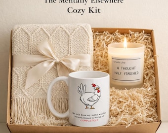 The Mentally Elsewhere Cozy Kit | Funny Mug, Scented Candle & Blanket Gift Set | Comfort Gift for Overthinkers