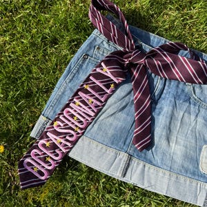 Könnte beinhalten: Eine weinrote Krawatte mit weißen Streifen und dem Wort "OCCASIONALLY" in rosa Schrift mit gelben Sternen. Die Krawatte ist über einem Jeansrock geknotet und liegt auf grünem Gras.