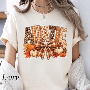 Fall Auntie Comfort Colors T-Shirt, Patchwork Pumpkins and Gingham Bow