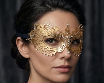 Gold Masquerade lace metal Mask, Rhinestone Eye Mask for weddings, Prom and Mardi Gras
