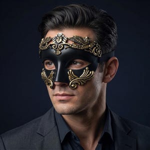 May include: Black masquerade mask with gold filigree accents. The mask features an ornate design with a central face and decorative flourishes. A black elastic band secures the mask. The mask is worn by a person wearing a dark suit.