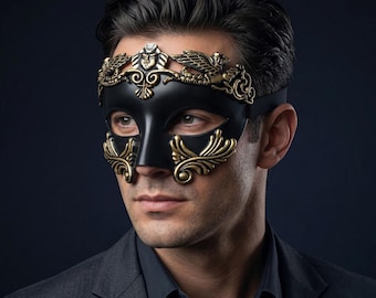 Masque de mascarade de guerrier romain pour homme, masque vénitien noir et or pour bal de promo ou costume