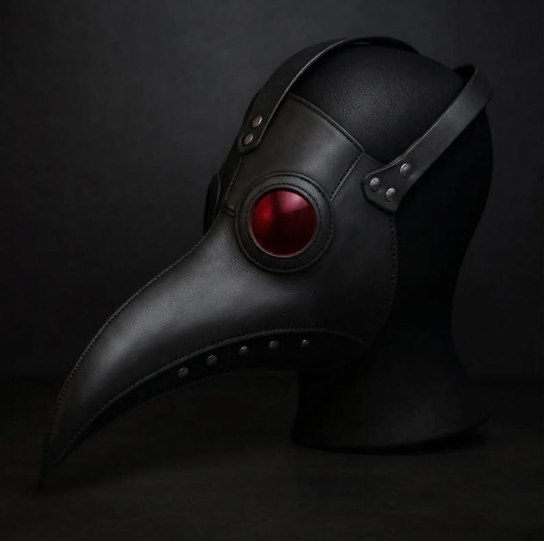 スチームパンク風ペスト医師マスク - 手作りゴシック仮面舞踏会コスチューム Black w/ Red Lenses