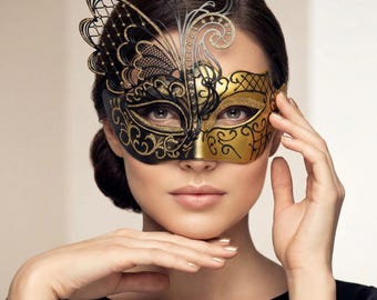 Black Gold Butterfly Filigree Masquerade Mask Set with Rhinestones for Couples