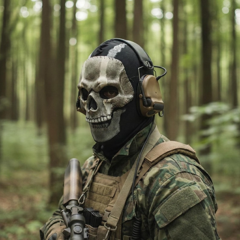 May include: A person wearing a skull mask with a black balaclava and tan headphones. The person is wearing a camouflage military uniform and holding a rifle. The background is a blurred forest.