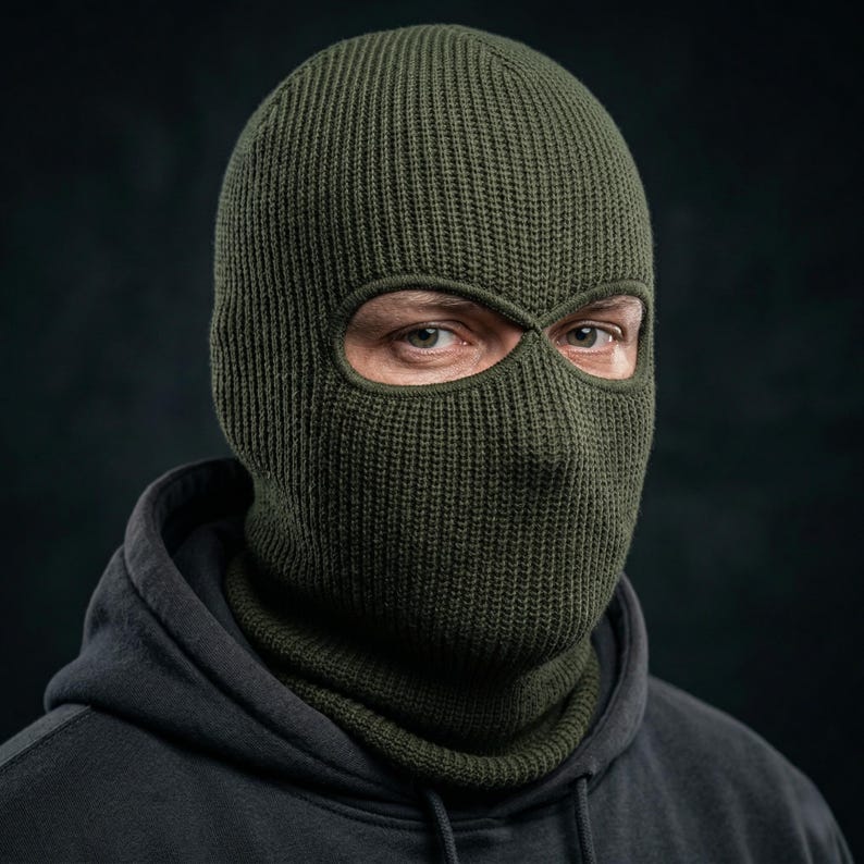May include: A close-up of a green knitted balaclava with eye and mouth openings. The balaclava is made of a ribbed knit fabric and is worn over the head and neck. The person wearing the balaclava is looking directly at the camera.
