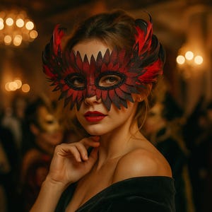 Puede incluir: Una máscara de carnaval roja y negra con detalles de plumas. La máscara presenta un diseño detallado con un patrón floral central. La máscara es usada por una persona en una habitación con poca luz, probablemente para un disfraz o un evento especial.