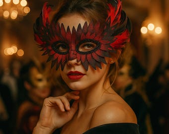 Rhinestone Feather Masquerade Mask – Handmade Leather Half Face Costume Accessory