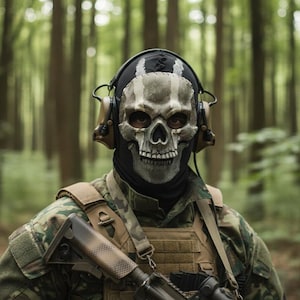 Puede incluir: Una persona con una máscara de calavera, pasamontañas negro y equipo militar de camuflaje. La máscara presenta un diseño detallado de calavera. La persona lleva auriculares con protección auditiva. El fondo es un bosque borroso.