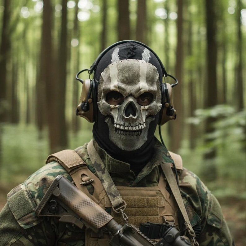 May include: A person wearing a skull mask, black balaclava, and camouflage military gear. The mask has a detailed skull design with visible teeth. The person is wearing a headset with ear protection. The background is a blurred forest.