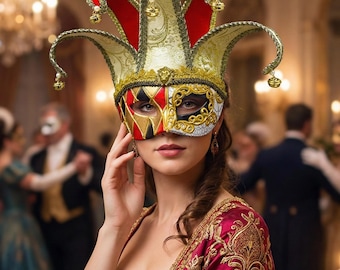 Red & Gold Jester Masquerade Mask, Venetian Harlequin Eye Mask, Mardi Gras Prop