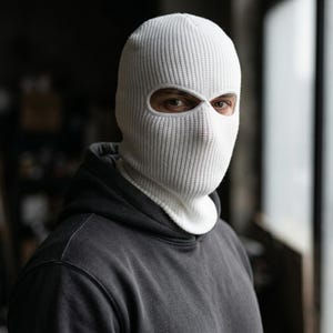 May include: A white knitted balaclava with eye and mouth openings. The balaclava is made of a ribbed knit fabric and is worn over the head and neck. The person is wearing a gray hooded sweatshirt.