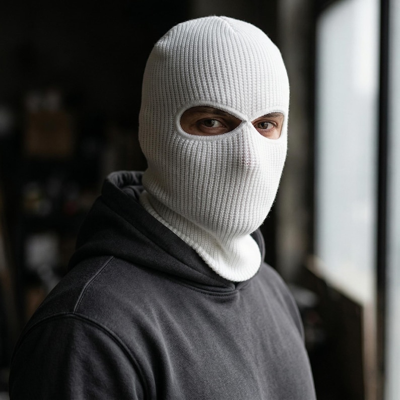May include: A white knitted balaclava with eye and mouth openings. The balaclava is made of a ribbed knit fabric and is worn over the head and neck. The person is wearing a gray hooded sweatshirt.