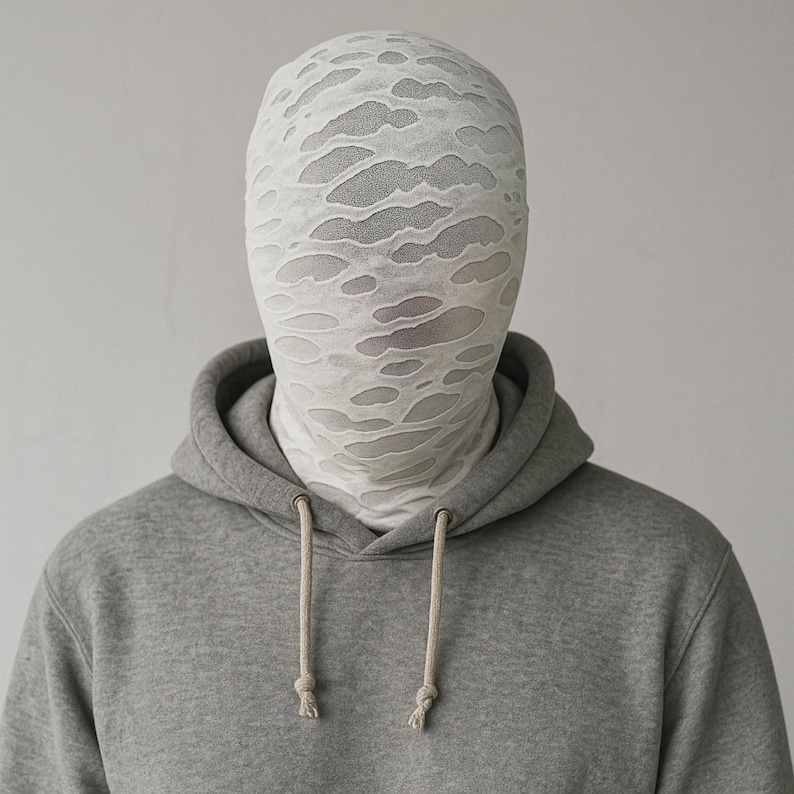 May include: A person wearing a gray hoodie with a white, patterned face covering. The face covering has a distressed, torn design. The hoodie has a drawstring and a kangaroo pocket.