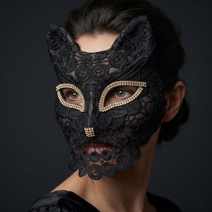 Cat Masquerade Mask, Black Gothic Venetian Eye Mask for Halloween, Prom or Party
