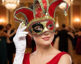 Gold Jester Masquerade Mask, Venetian Harlequin Eye Mask, Mardi Gras Costume Prop