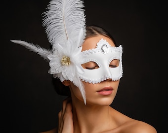 Luxury Feather & Rhinestone Mask – Handmade Masquerade Accessory for Party and Cosplay