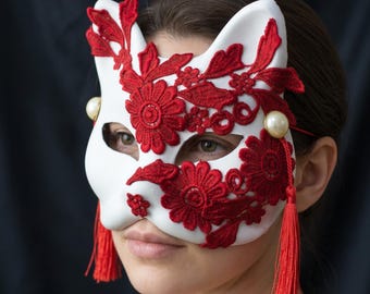 White Kitsune Fox Masquerade Mask with Red Floral Lace, Pearls, and Tassels
